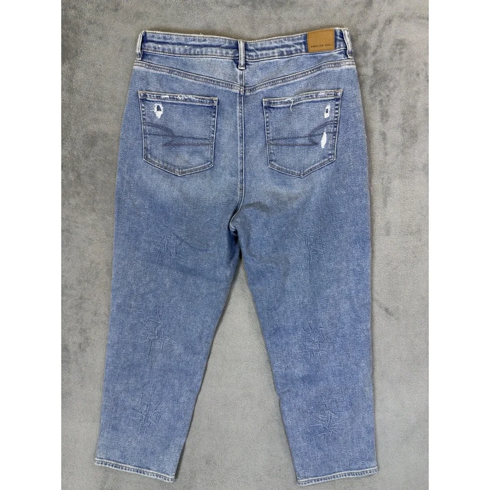 American Eagle Jeans Womens 14 Short Blue High Rise Mom Straight Distressed‎ - Picture 2 of 10